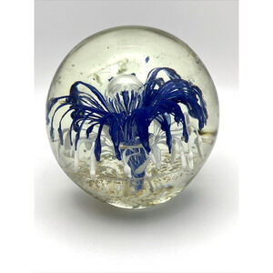 Vtg Murano Art Glass Fountain Blue White Controlled Bubble Paperweight